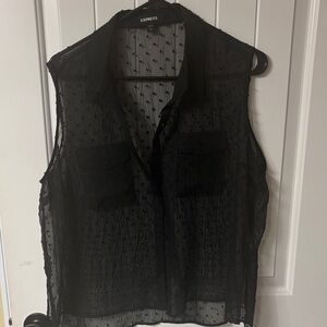 Express Black Sheer Swiss Dot Sleeveless Button-Up Blouse